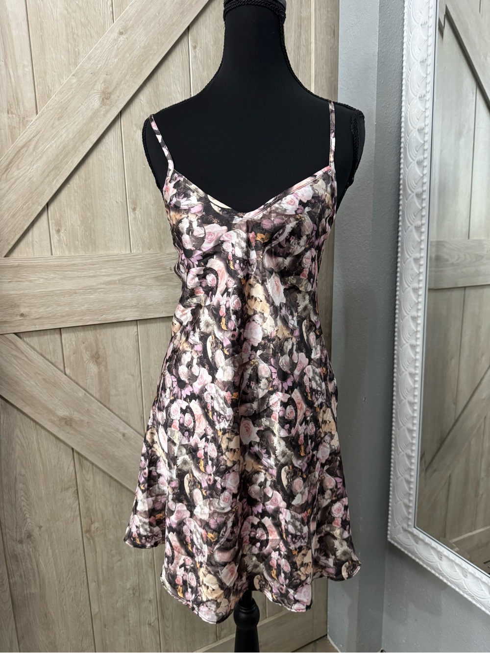 Nicolette New York Floral Satin Slip in Pink, Black & Cream